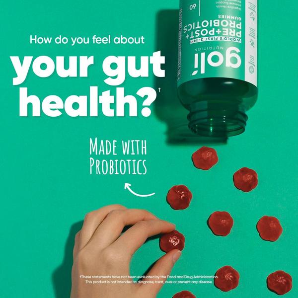 A direct-to-consumer health ad featuring a question-based hook, a bottle of probiotics gummies, and a hand interacting with the product on a bold green background.